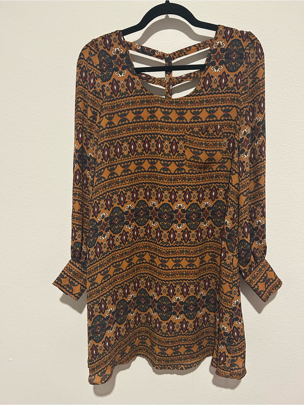 Forever 21 Brown And Orange Printed Long-Sleeve Strappy Back Dress